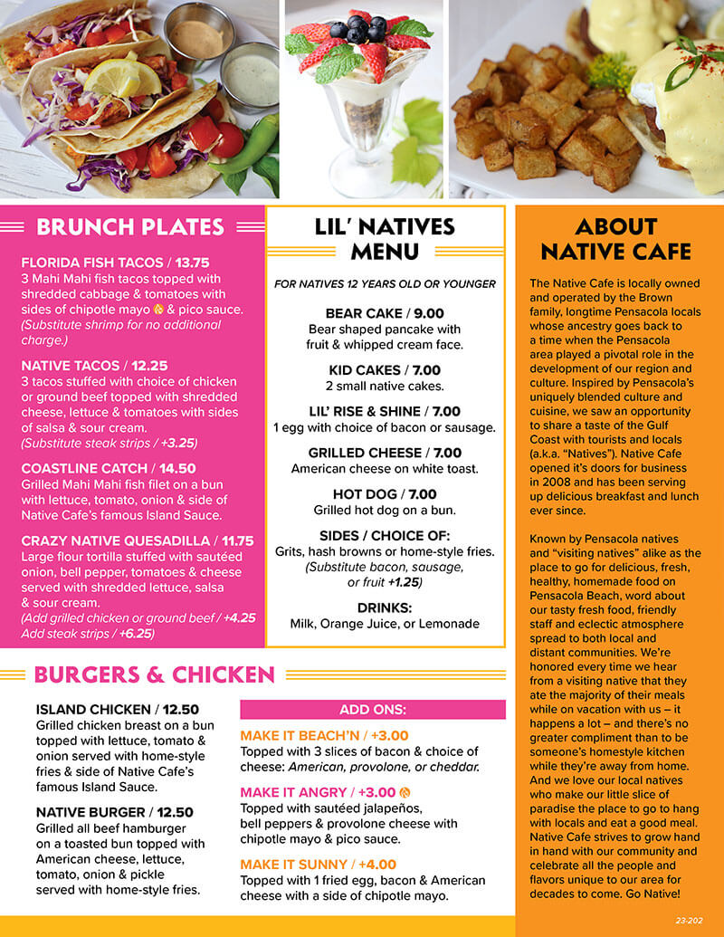 Breakfast Menu and Brunch Menu - Native Cafe | Pensacola Beach, FL